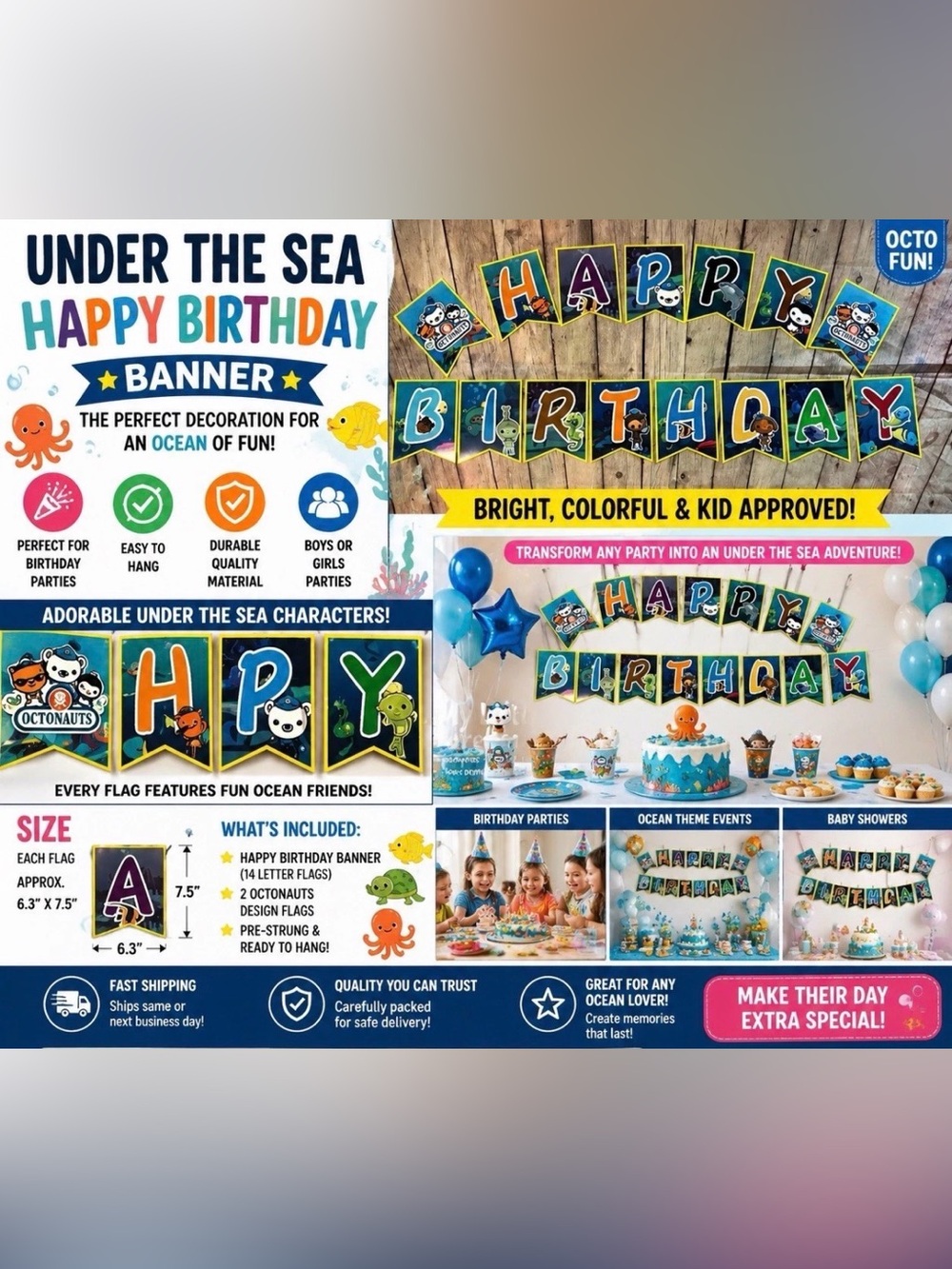 Octonauts Under The Sea Happy Birthday Banner Boys Girls Party Prop Decoration